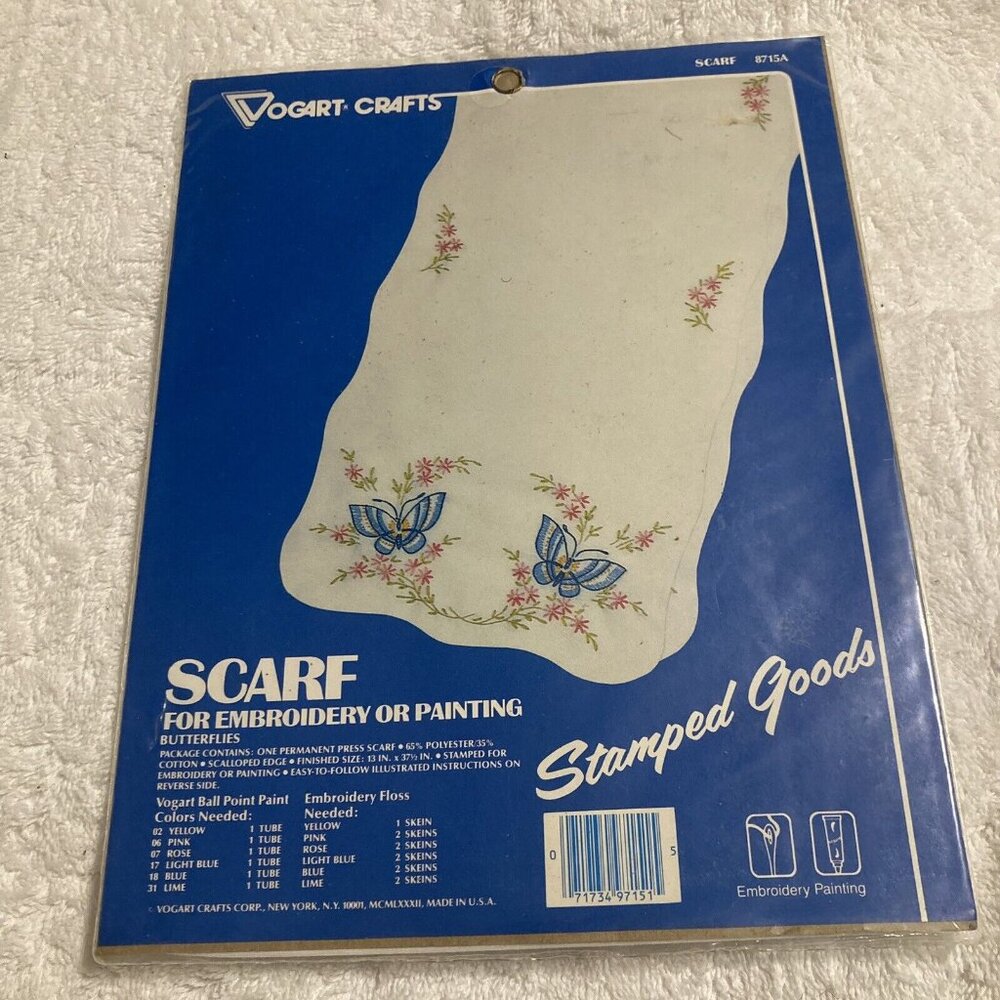 VTG VOGART CRAFTS Stamped Cross Stitch Butterflies Scarf Embroidery /Painting